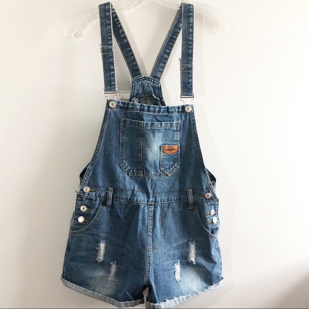 SOLD Distressed denim overalls shortalls MED - Picture 1 of 8